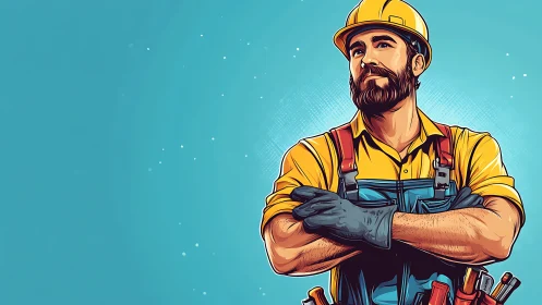 Construction worker illustration with tools on blue background.