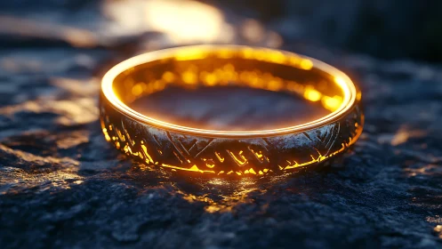 Luminous engraved gold ring on textured stone surface at dusk