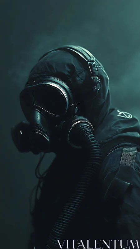Gas-masked operative emerges in teal-tinted atmospheric haze