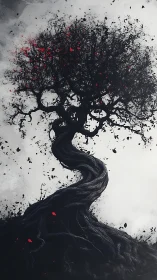 Twisted black tree erupts with crimson leaves on mist.
