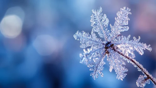Macro photograph of detailed snowflake on branch in bokeh field.