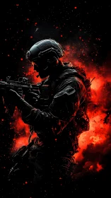 Silhouetted tactical operator rendered against explosive red particle cloud