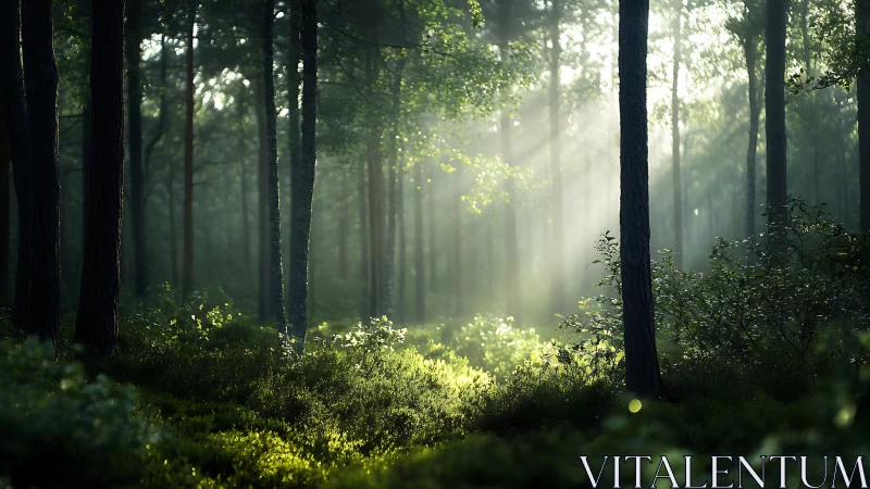 Sunlit Forest Corridor. Rays Pierce Misty Woods.
