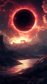 Burning eclipse hangs over alien mountains at twilight