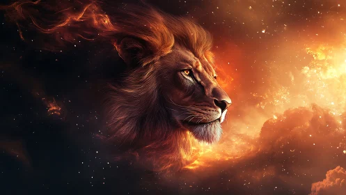 Lion head integrated into cosmic nebula field in profile view.