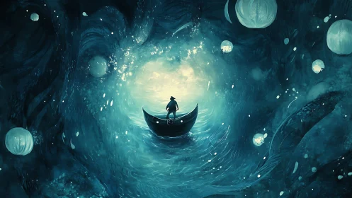 Solitary boat drifts through luminescent vortex with bioluminescent orbs