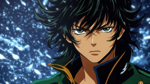 Storm-eyed anime warrior stares down swirling cosmic snow.