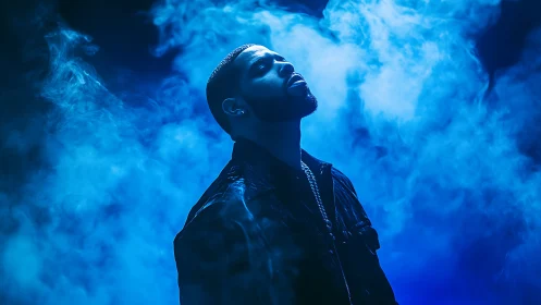 Moody blue portrait captures a reflective man in swirling light