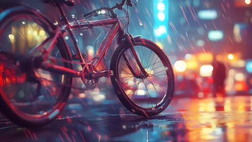 Red bicycle in rainy urban nightscape with bokeh lighting and wet reflective surfaces