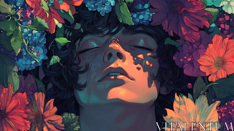 Young person lies among vivid flowers with dappled light