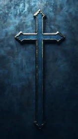 Metallic cruciform blade merges cross and sword symbolism.