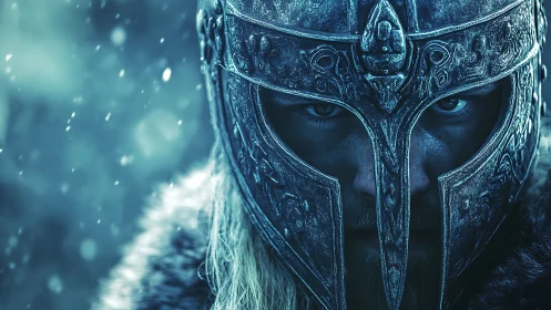 Photorealistic Norse warrior portrait with ornate iron helm.