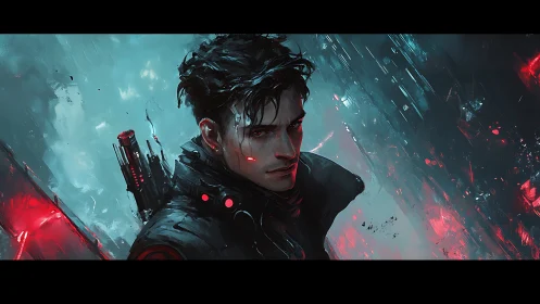 Midnight archer wandering through neon stormlight.