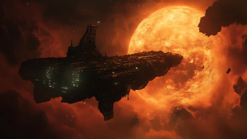 Colossal starship drifts past blazing sun in fiery nebula