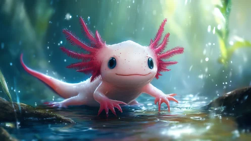 Bioluminescent axolotl rendered with shallow depth and volumetric light