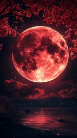 Blood moon rising above crimson lake and sakura canopy.