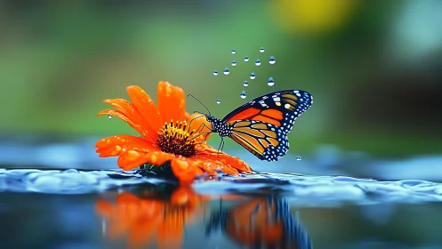 Monarch butterfly on orange flower above reflective water.