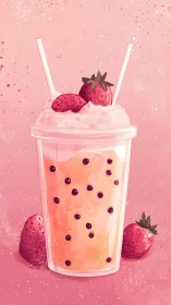 Strawberry bubble tea illustration with whipped foam stratification.