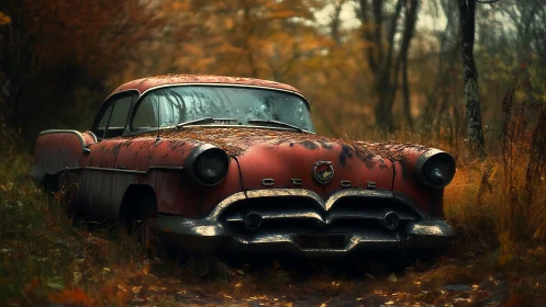 Old red sedan sits abandoned in an overgrown autumn forest