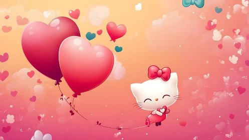 Animated Cat with Heart Balloons in Pink Gradient.