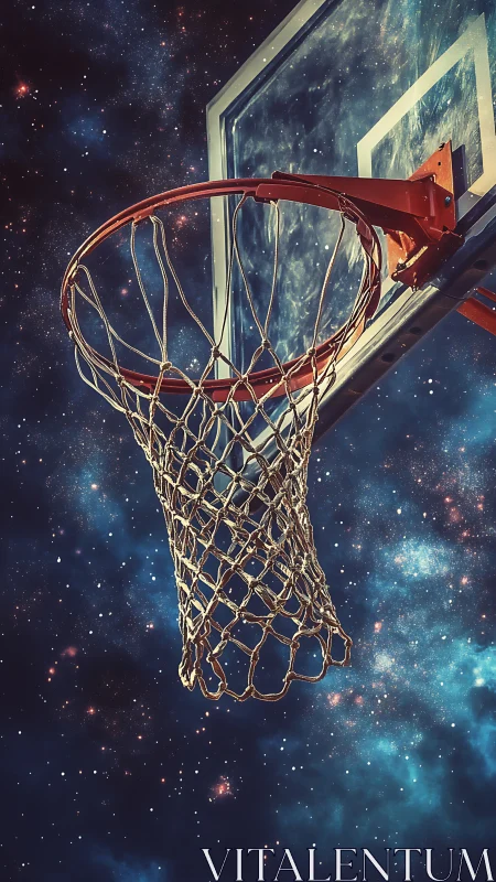 Cosmic basketball hoop hangs boldly against a starry sky