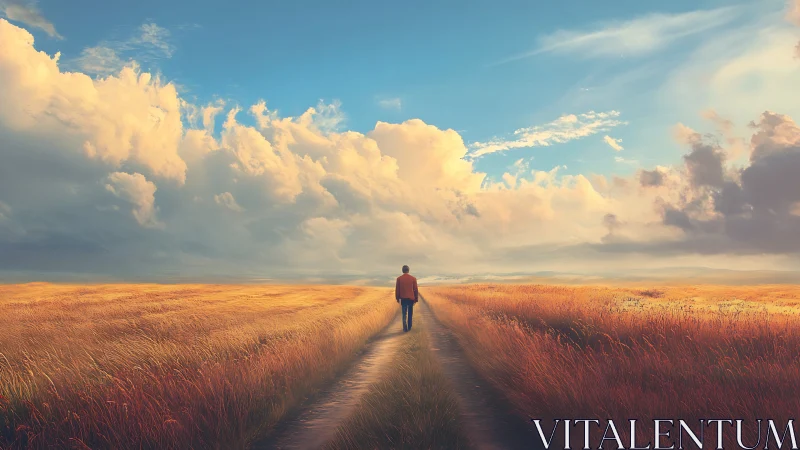 Solitary figure walks along rural dirt path through fields