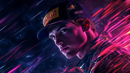 Neon-lit racing driver portrait with dynamic motion streaks