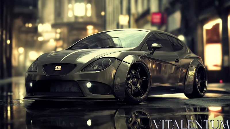 Widebody metallic coupe rendered on wet urban street at dusk