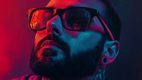 Bearded man in sunglasses rendered with neon rim lighting