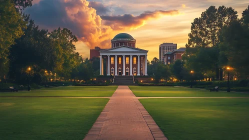 Neoclassical campus hall at sunset with landscaped lawn.