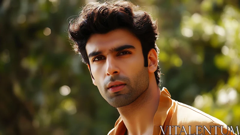 Sunlit portrait of a thoughtful man in soft greenery bokeh.