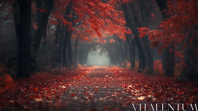 Foggy tree tunnel with red autumn foliage and leaf carpet path