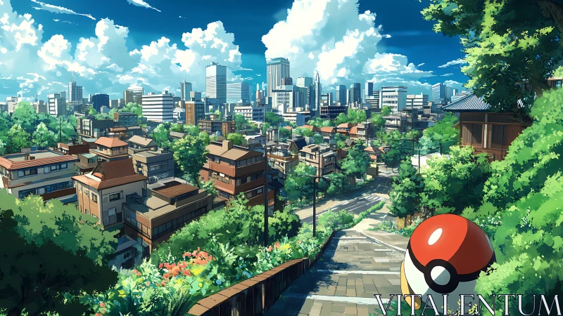 Sunlit anime hillside town overlooking modern skyline panorama.