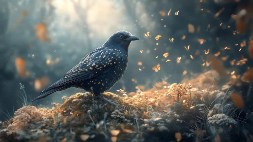 Iridescent forest bird amid golden butterflies at dusk.