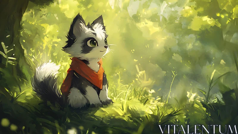 Curious little forest fox-cat enjoys a sunlit woodland pause