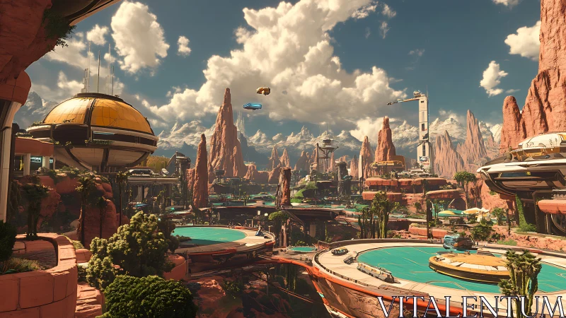 Futuristic desert city integrates circular platforms and towers