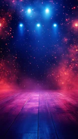 Stage floor under blue spotlights and starry backdrop.