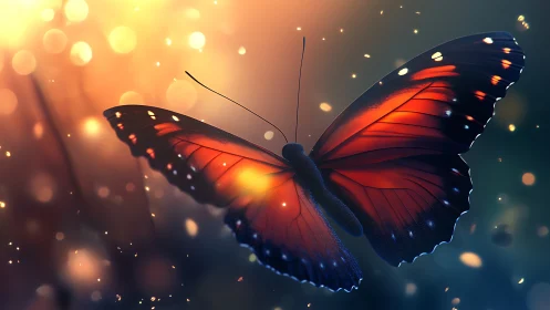 Twilight emberwing butterfly drifts through glowing dusk air.