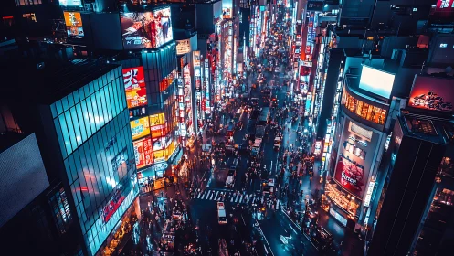 Neon-lit urban canyon captures dense nocturnal traffic flow