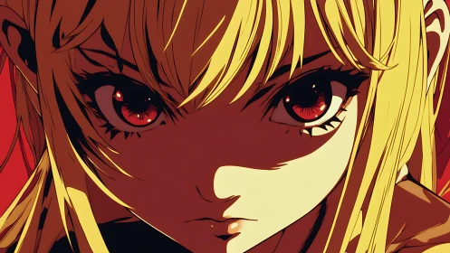 Intense anime heroine stares forward in burning red light.