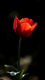Red tulip portrait under dramatic low-key sunlight.