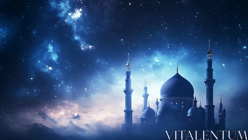 Moonlit celestial mosque beneath luminous starfield sky.