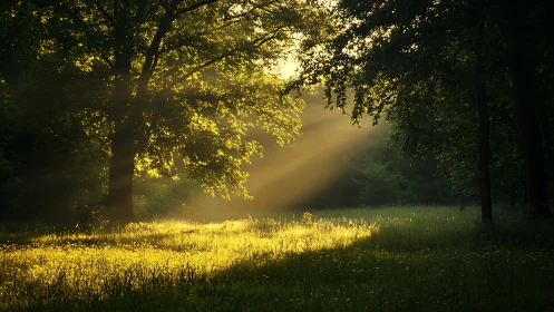 Backlit forest clearing with golden volumetric sunrise beams.