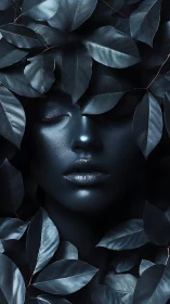 Monochrome blue female face framed by glossy foliage.