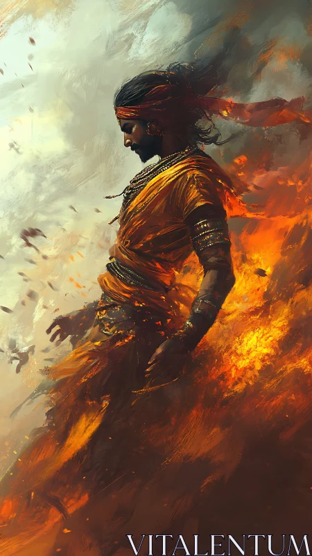 Warrior in orange robes dissolves into swirling fire