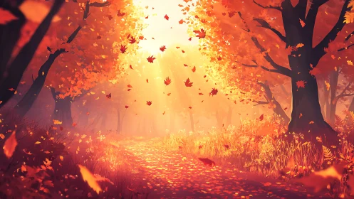 Golden Autumn Forest Path Aglow with Falling Leaves.
