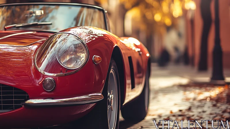 Red vintage convertible is parked on a cobblestone street