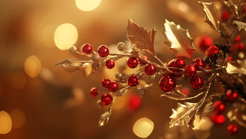 Golden holly branch with red berries against warm bokeh.