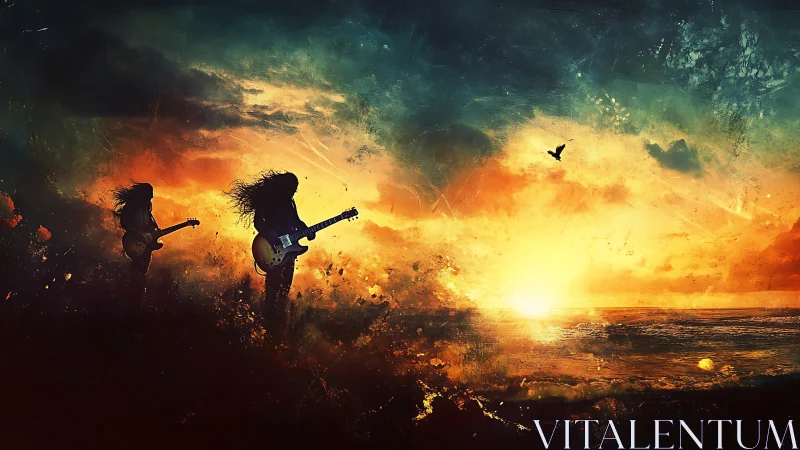 Sunset guitar duet igniting a storm-lit ocean horizon.