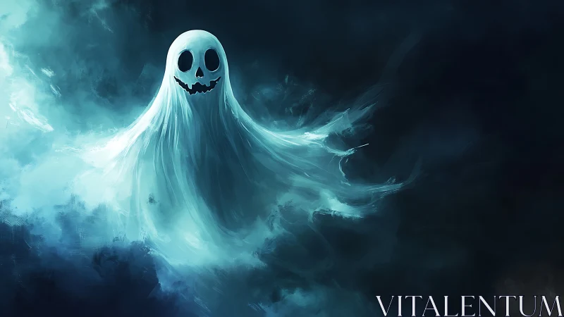 Ghostly wisp with jack-o&rsquo;-lantern grin in icy fogscape.